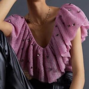 Anthropologie Maeve size tulle ruffle top smocked embellished pink v-neck